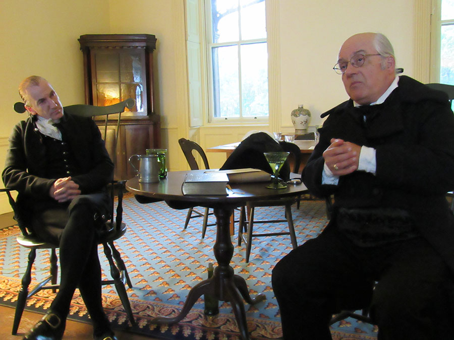 Mr. Gallatin discusses diplomatic issues with Col.Monroe. Image courtesy Elaine Ackerson, used with permission. Copyright 2017.